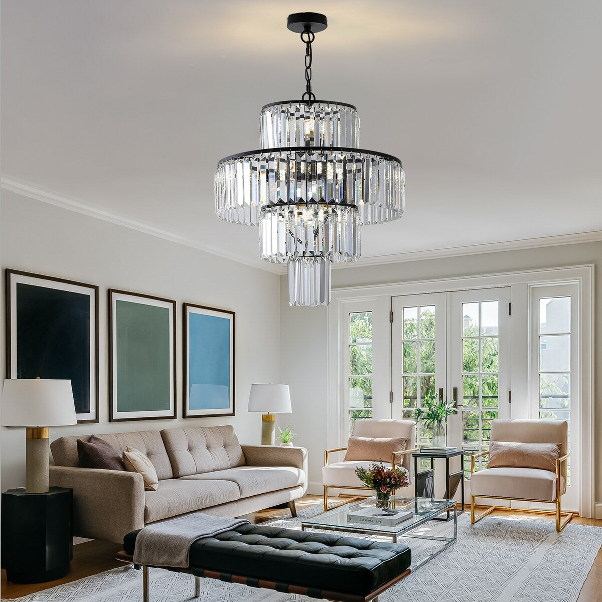 Luxury Crystal Chandelier Modern Chandeliers Lights Fixture Hanging Pendant Light Fixture Dia 19.7 Inch-Black - Black