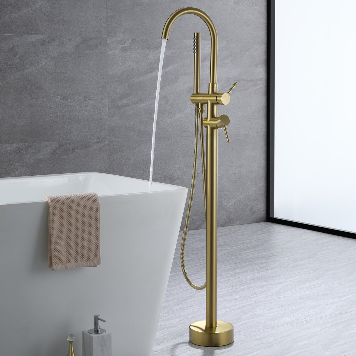 45''H White / Gold Freestanding Bathtub Faucet with Handheld Sprayer