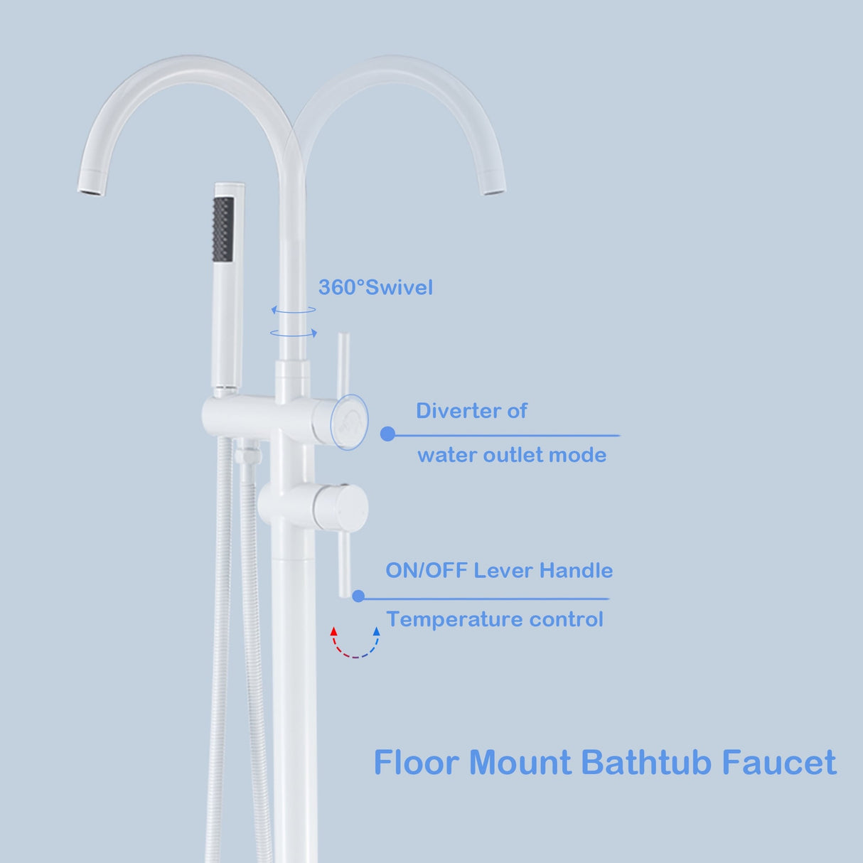 45''H White / Gold Freestanding Bathtub Faucet with Handheld Sprayer