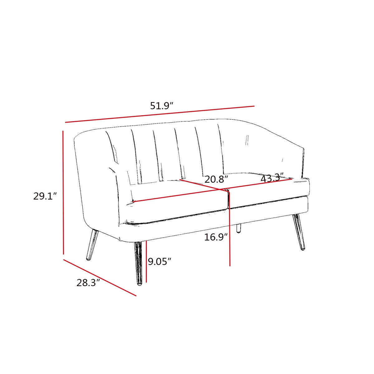 Luxury Loveseat Sofa for Living Room, Apartment, Office, Sloped Arm Sofa, Loose Back Sofa, Bench Sofa, Single Cushion Sofa