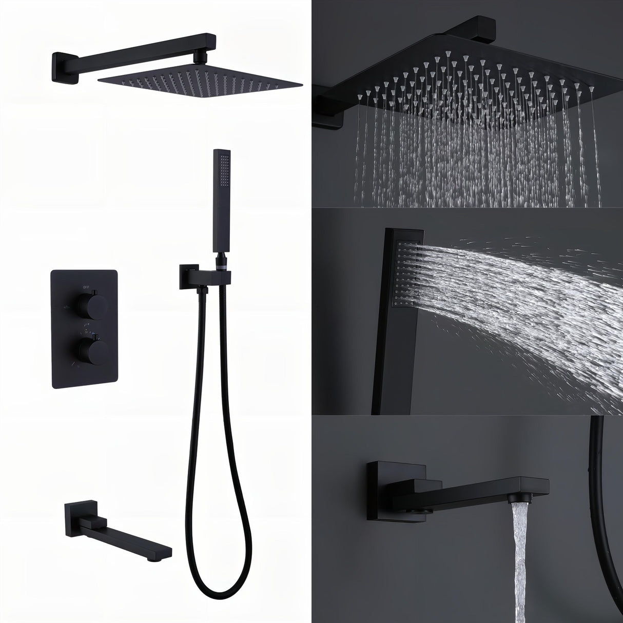 Luxury 3-way Pressure-Balance Complete Rain Shower System with Handheld & Faucet in Black / Gold