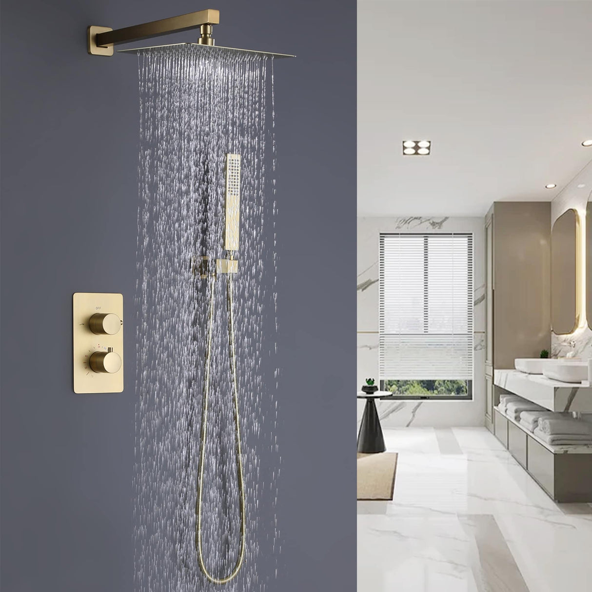 Luxury Thermostatic Complete Rain Shower System with Rough-in Valve in Black / Gold