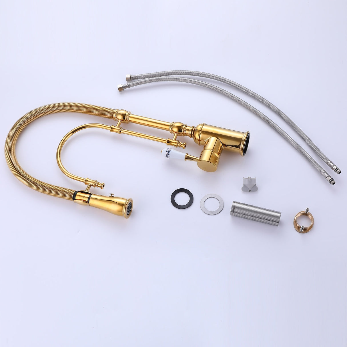 3-Way Brushed Gold 360 Rotary Kitchen Spring-neck Faucet with Pull Down Sprayer