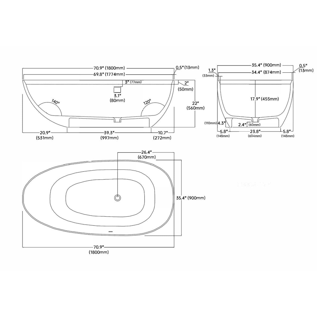 Luxury Stone Resin Soaking Bathtub with Center Drain in Gloss White