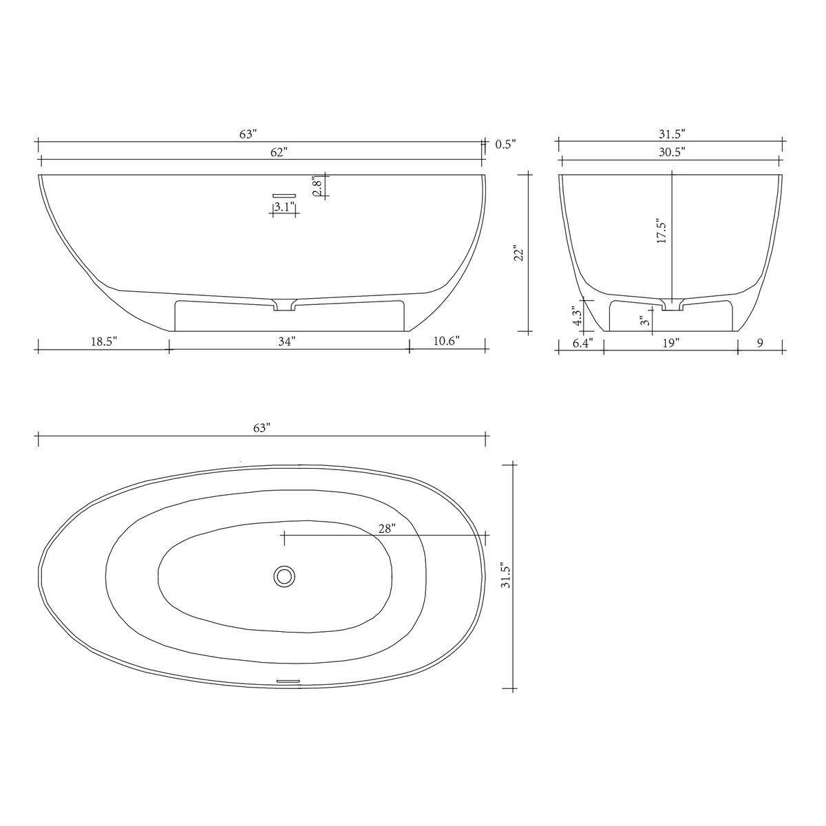 Luxury Stone Resin Soaking Bathtub with Center Drain in Gloss White