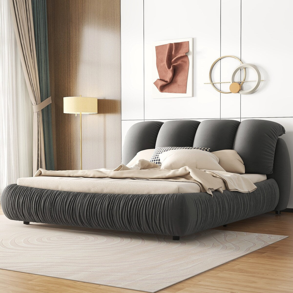 Luxury Upholstered Bed With Thick Headboard, Leather Bed with Oversized Padded Backrest