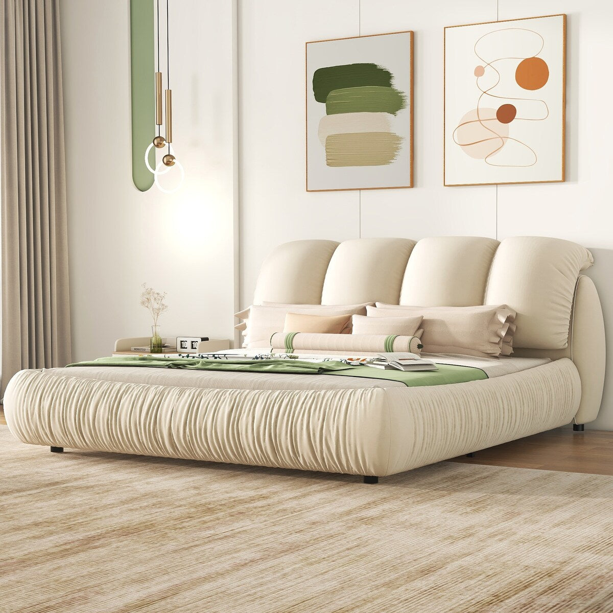 Luxury Upholstered Bed With Thick Headboard, Leather Bed with Oversized Padded Backrest