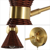Lyla 25" 1-Light Mid-Century Vintage Retro Rattan/Metal USB Charging Swing Arm LED Sconce with Pull Chain, by JONATHAN Y