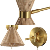 Lyla 25" 1-Light Mid-Century Vintage Retro Rattan/Metal USB Charging Swing Arm LED Sconce with Pull Chain, by JONATHAN Y