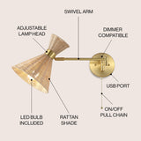 Lyla 25" 1-Light Mid-Century Vintage Retro Rattan/Metal USB Charging Swing Arm LED Sconce with Pull Chain, by JONATHAN Y