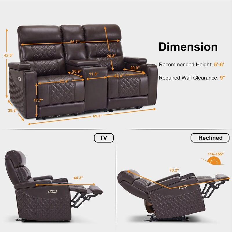 MCombo Power Reclining Loveseat Sofa with Adjustable Headrests and Console, Home Theater Seating with Armrest Storage HTS480