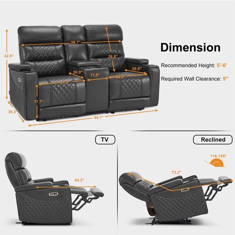 MCombo Power Reclining Loveseat Sofa with Adjustable Headrests and Console, Home Theater Seating with Armrest Storage HTS480