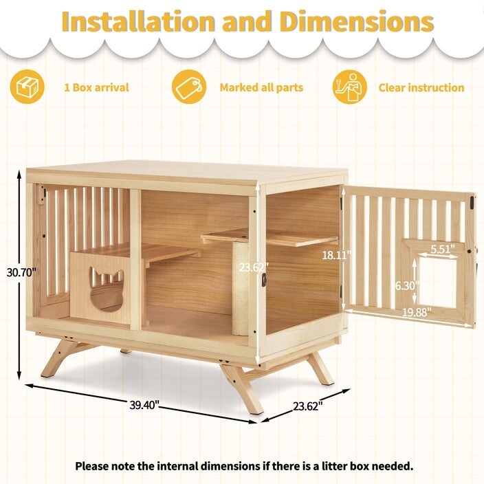 MCombo Wooden Cat House, Luxury Cat Shelter with Scratching Post and Escape Door, Wood CT55 - Natural