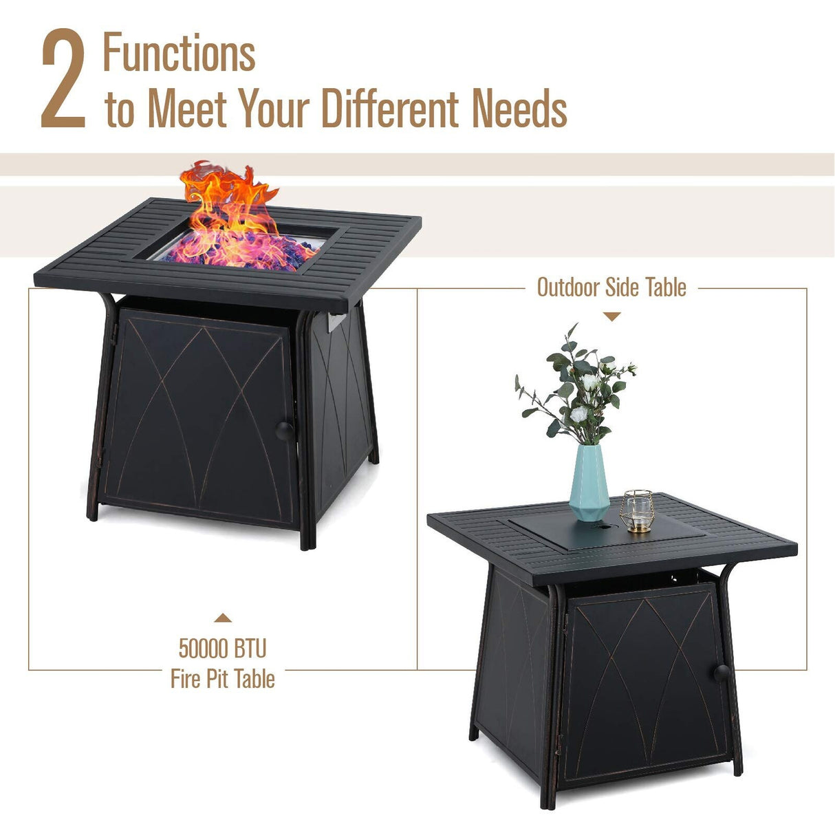 MAISON ARTS 5-Piece Patio Fire Pit Set，4 Swivel Armrest Chairs with Cushion and 28 inch Steel Striped Square Fire Table