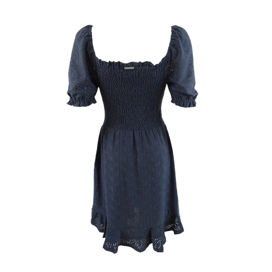 MICHAEL Michael Kors Women's Eyelet Smocked Peasant Dress (M, Navy)