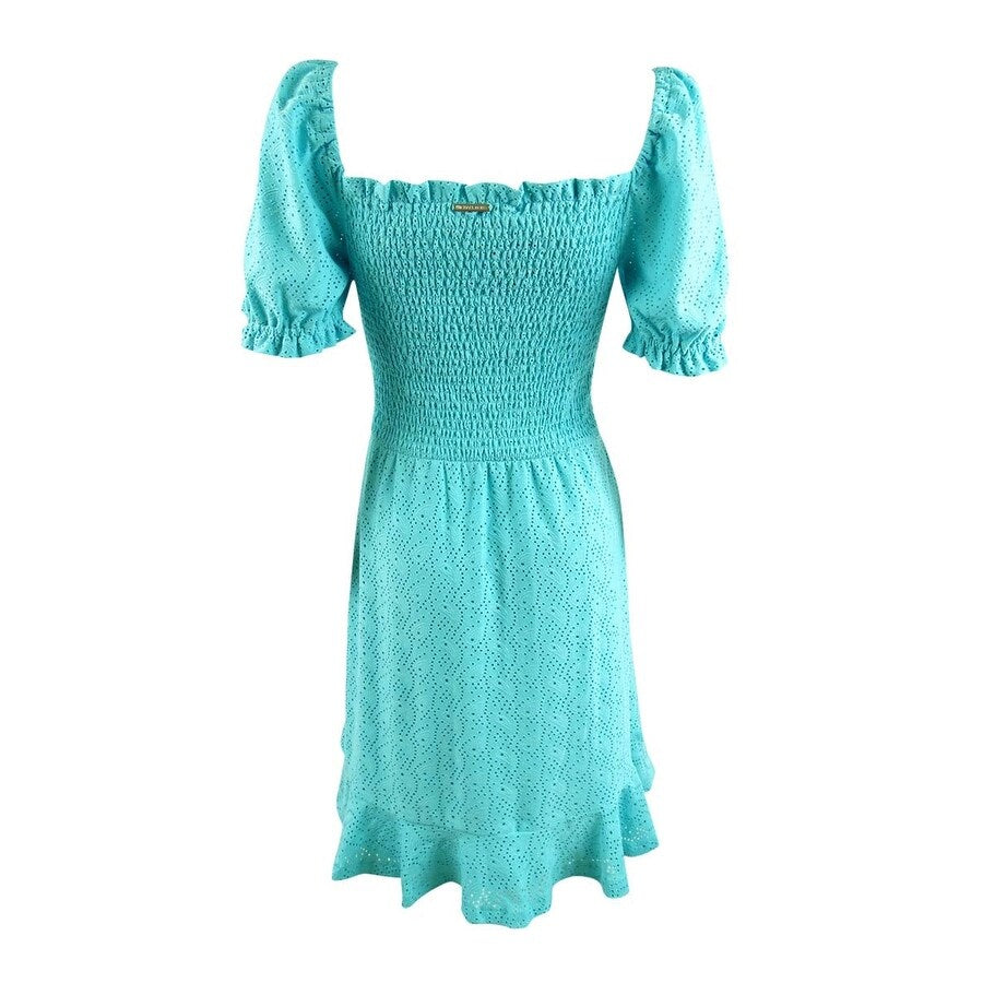 MICHAEL Michael Kors Women's Eyelet Smocked Peasant Dress (XS, Turquoise)