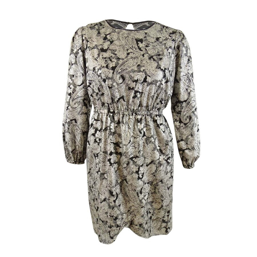 MICHAEL Michael Kors Women's Plus Paisley Cinch-Waist Dress (0X, Black/Silver)