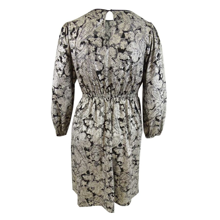MICHAEL Michael Kors Women's Plus Paisley Cinch-Waist Dress (0X, Black/Silver)