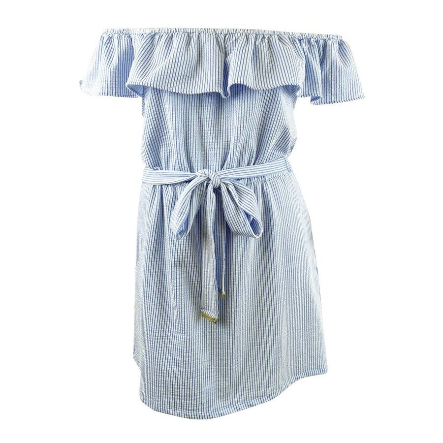 MICHAEL Michael Kors Women's Ruffled Off-The-Shoulder Mini Dress (L, Crew Blue)