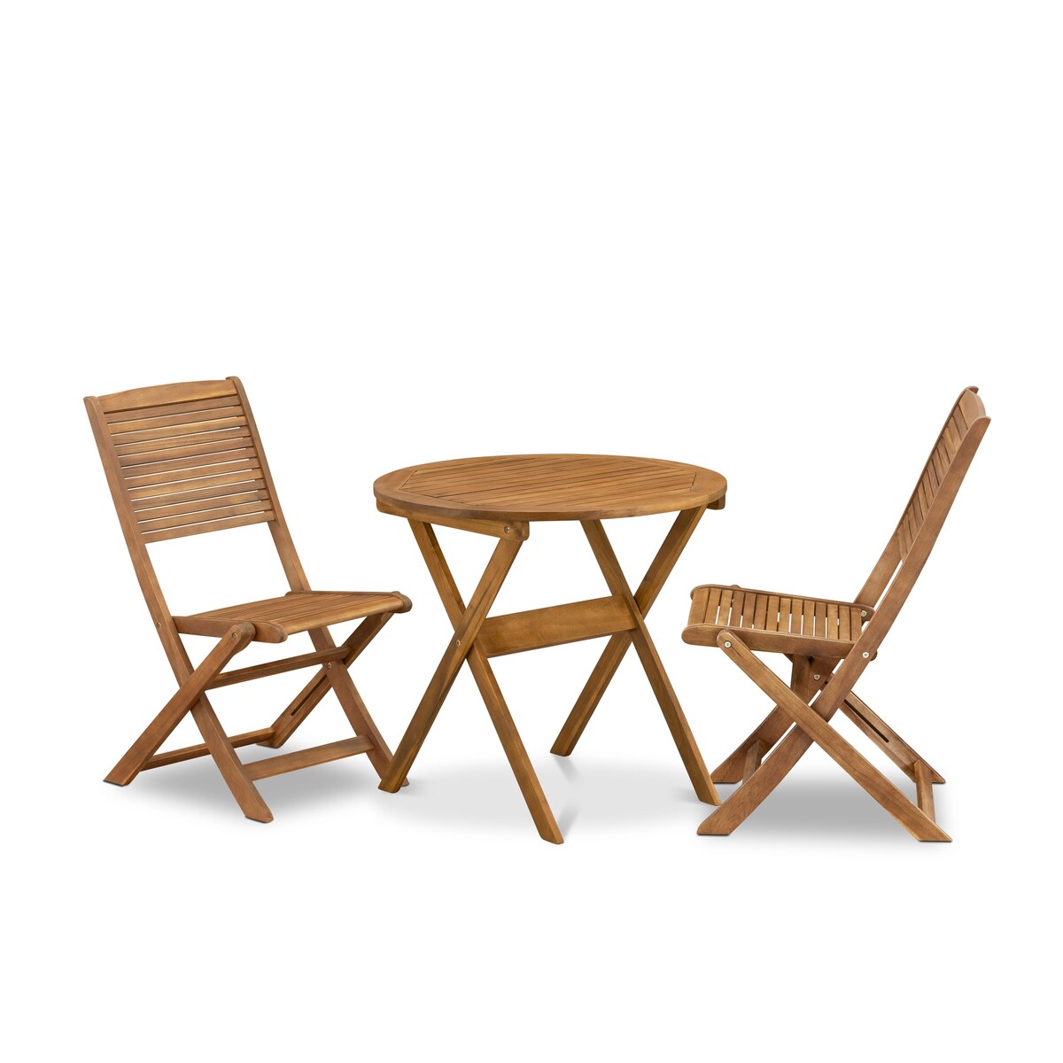 East West Furniture 3 Piece Outdoor Bistro Set-an Coffee Table and 2 Folding Side Chairs, Natural Oil(Chair Style Option)