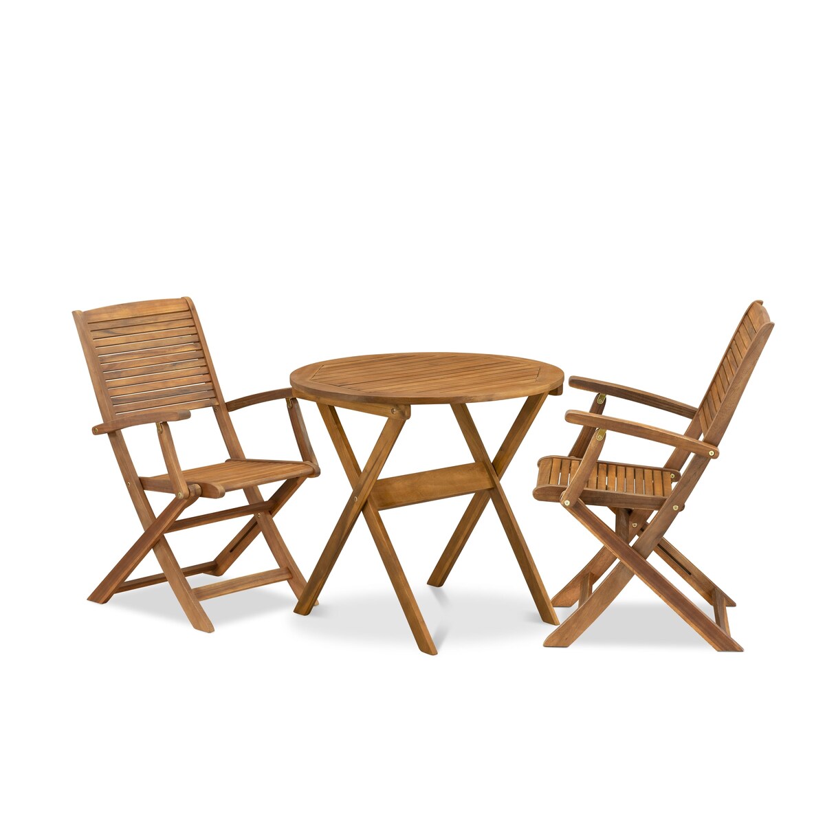 East West Furniture 3 Piece Outdoor Bistro Set-an Coffee Table and 2 Folding Side Chairs, Natural Oil(Chair Style Option)
