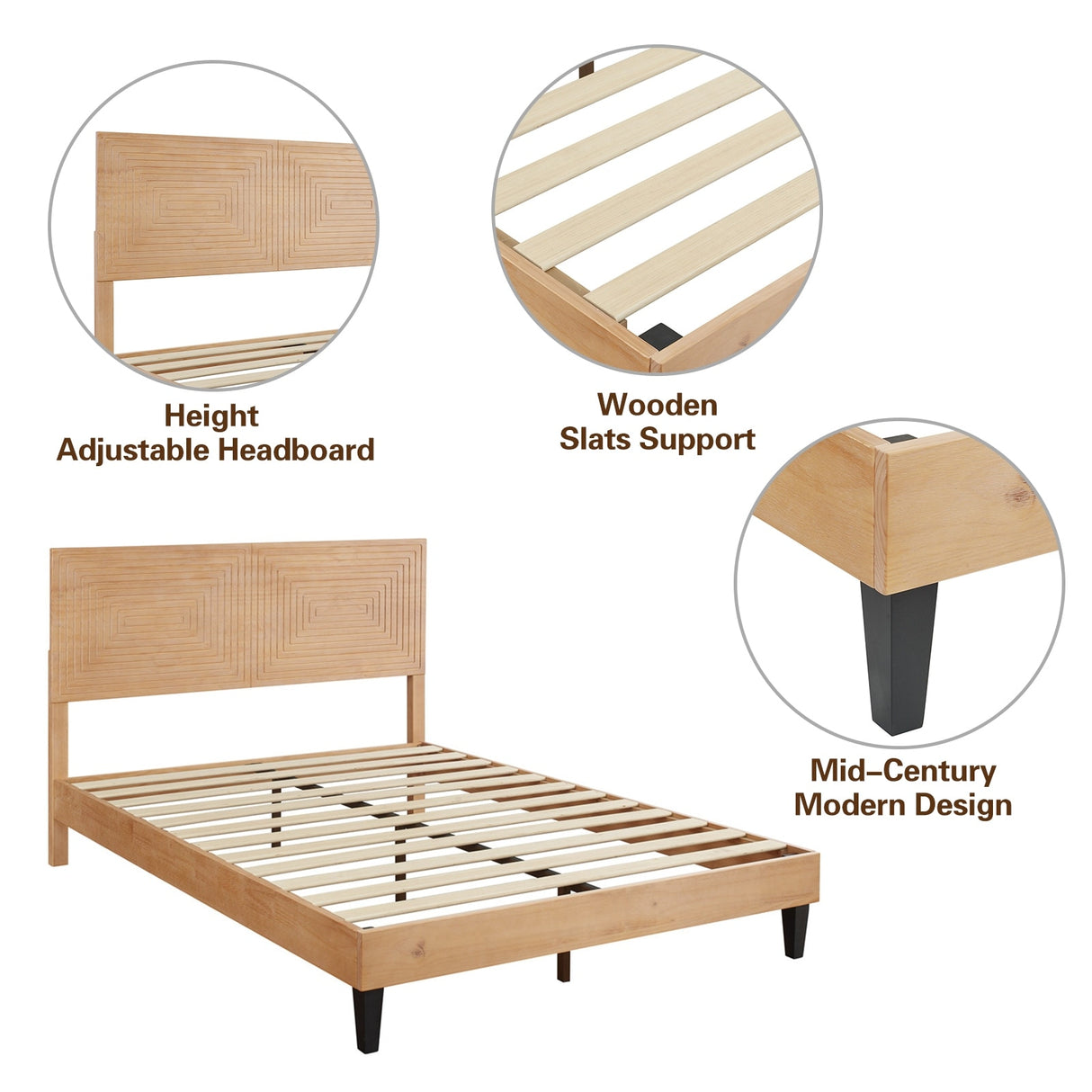 MUSEHOMEINC Mid Century Modern Solid Wood Platform Bed,Bed Frame with Adjustable Height Headboard,No Box Spring Needed