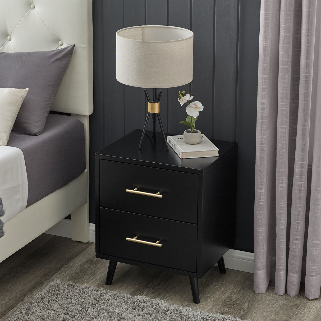 MUSEHOMEINC Modern Mid-Century Nightstand/Bedside Table with Charging Station, Black Night Stand with Two Drawers for Bedroom