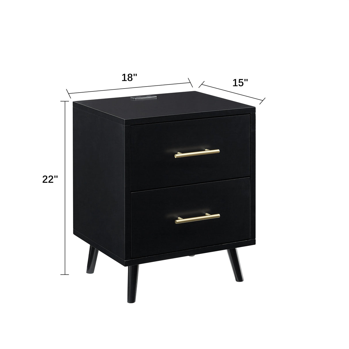 MUSEHOMEINC Modern Mid-Century Nightstand/Bedside Table with Charging Station, Black Night Stand with Two Drawers for Bedroom