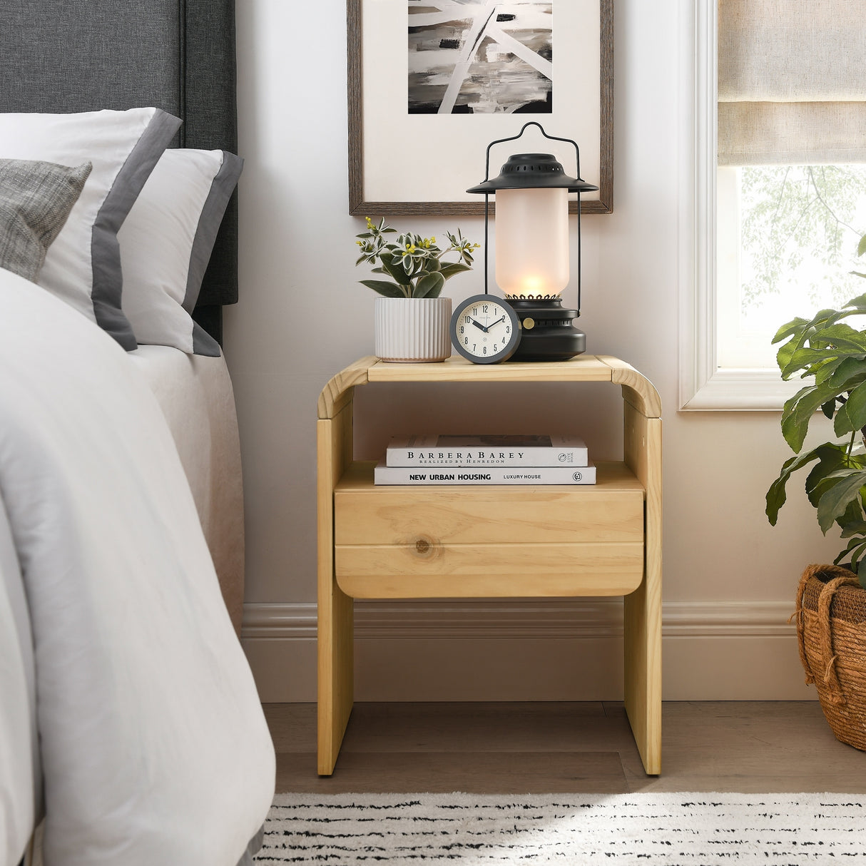 MUSEHOMEINC Modern Solid Wood Nightstand with for Bedroom, Modern Floating End table with One Storage Drawer and Open Shelf