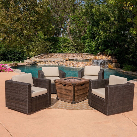 Maaroaro Outdoor 5 Piece Wicker Swivel Club Chair and Fire Pit Set by Christopher Knight Home