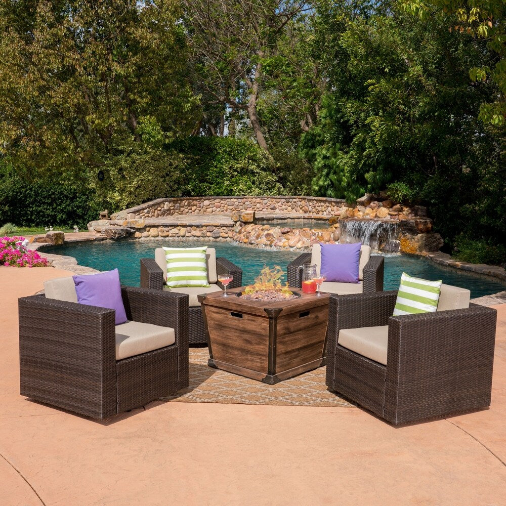 Maaroaro Outdoor 5 Piece Wicker Swivel Club Chair and Fire Pit Set by Christopher Knight Home