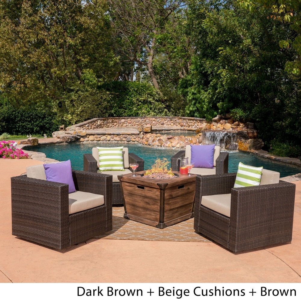 Maaroaro Outdoor 5 Piece Wicker Swivel Club Chair and Fire Pit Set by Christopher Knight Home