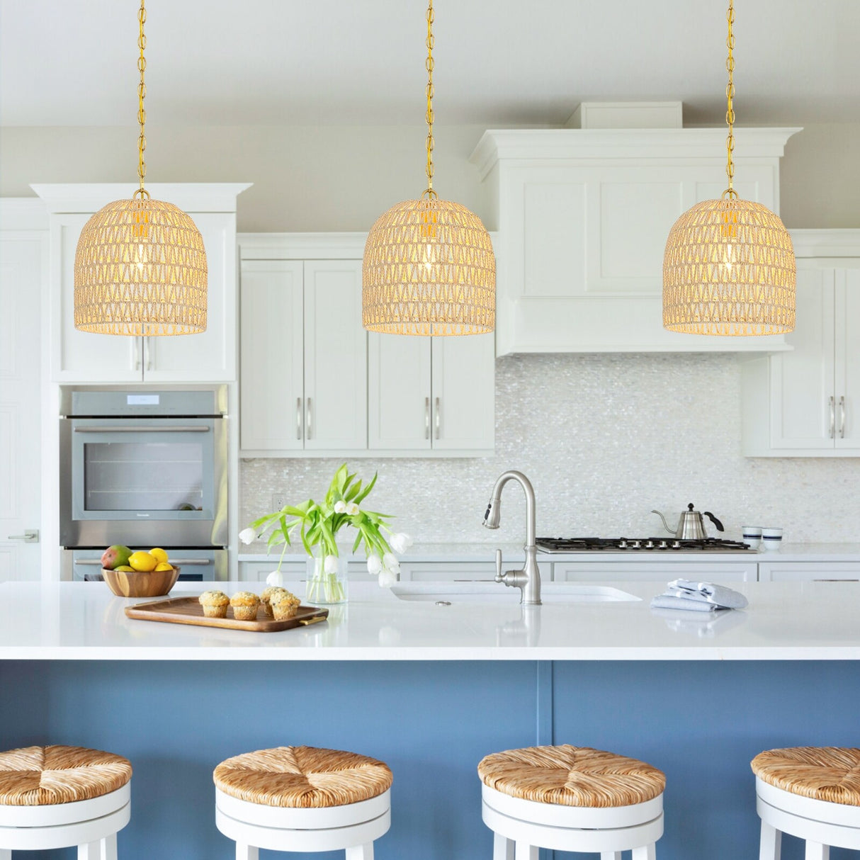 Mabelle 1-Light Gold Bohemian Island Pendant Light with Dome Woven Shade - 12 in. W