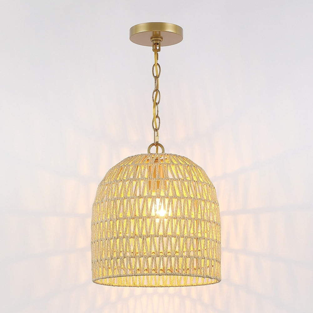 Mabelle 1-Light Gold Bohemian Island Pendant Light with Dome Woven Shade - 12 in. W