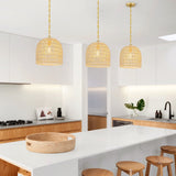 Mabelle 1-Light Gold Bohemian Island Pendant Light with Dome Woven Shade - 12 in. W