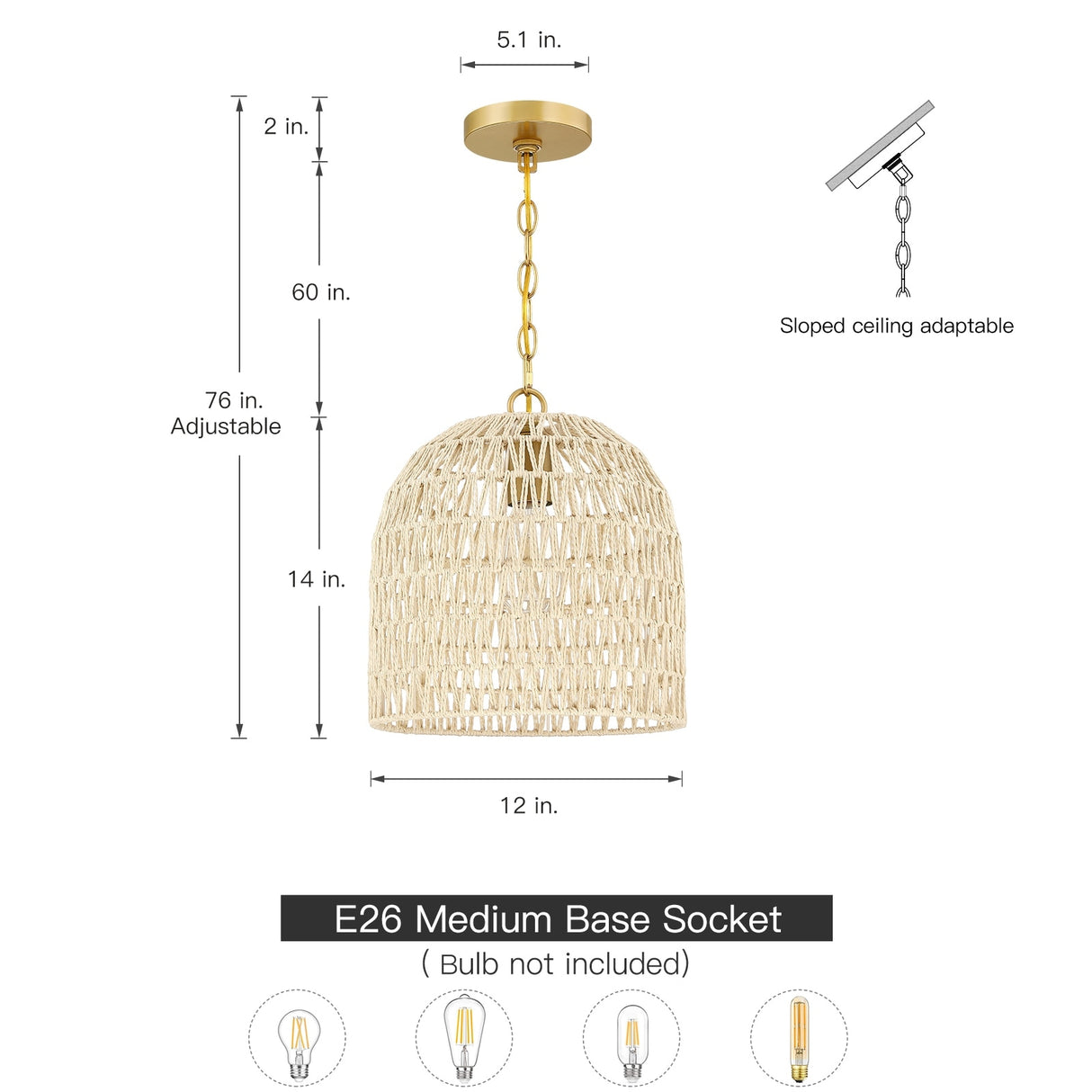 Mabelle 1-Light Gold Bohemian Island Pendant Light with Dome Woven Shade - 12 in. W