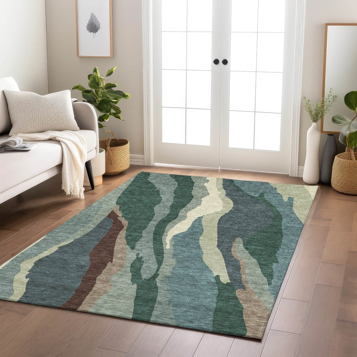 Machine Washable Indoor/ Outdoor Abstract Contemporary Chantille Rug