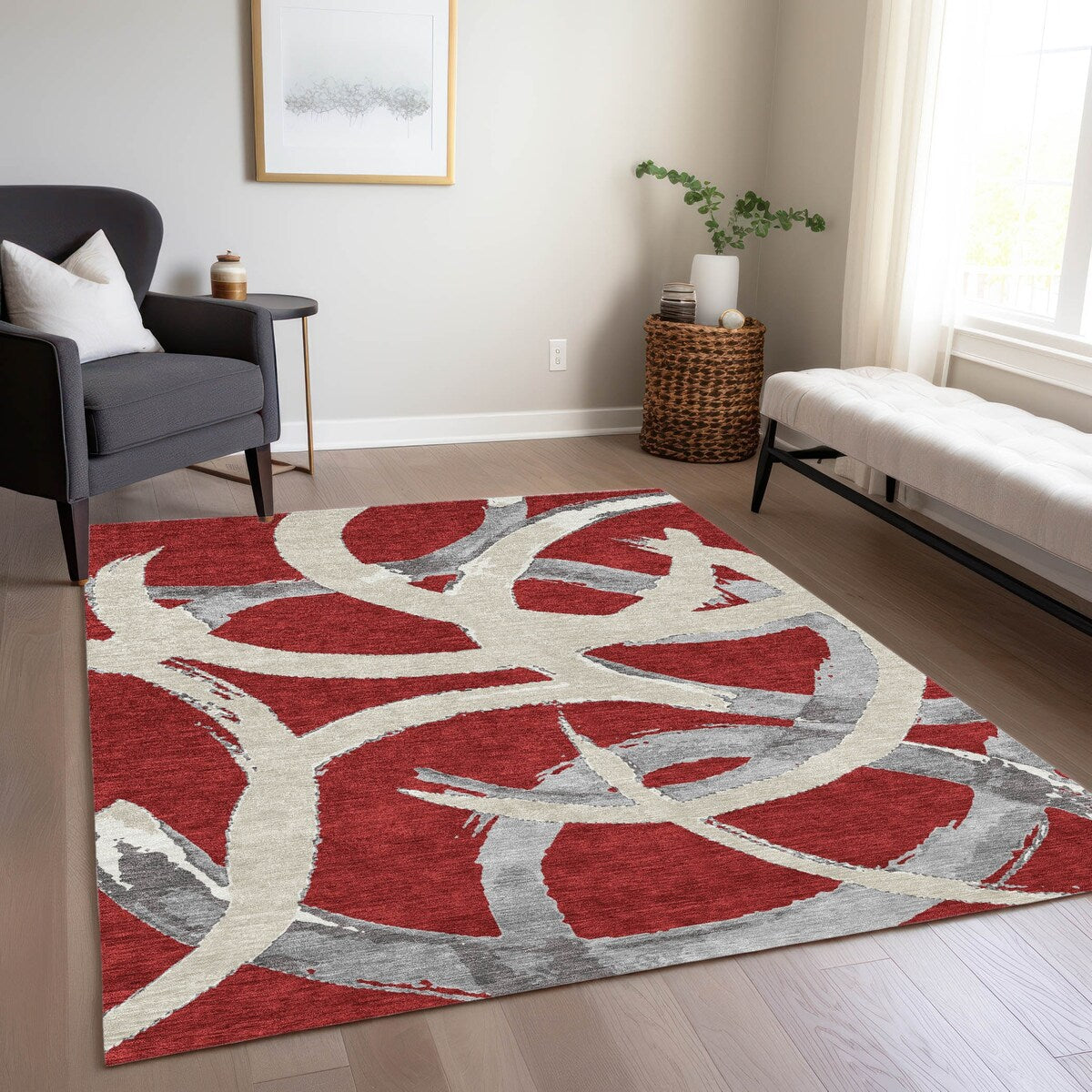 Machine Washable Indoor/ Outdoor Abstract Contemporary Chantille Rug