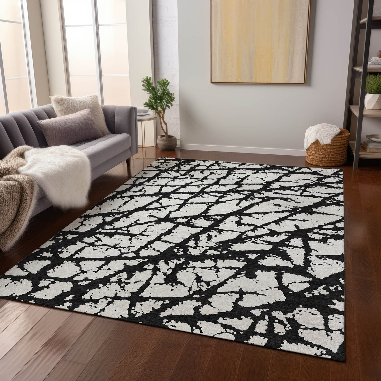 Machine Washable Indoor/ Outdoor Abstract Contemporary Chantille Rug
