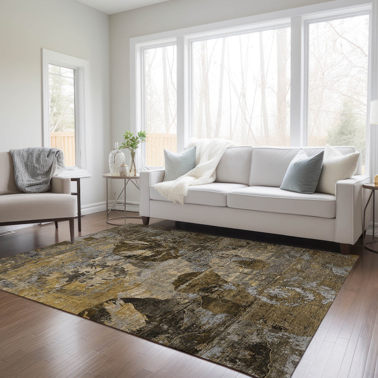 Machine Washable Indoor/ Outdoor Abstract Leaves Chantille Rug