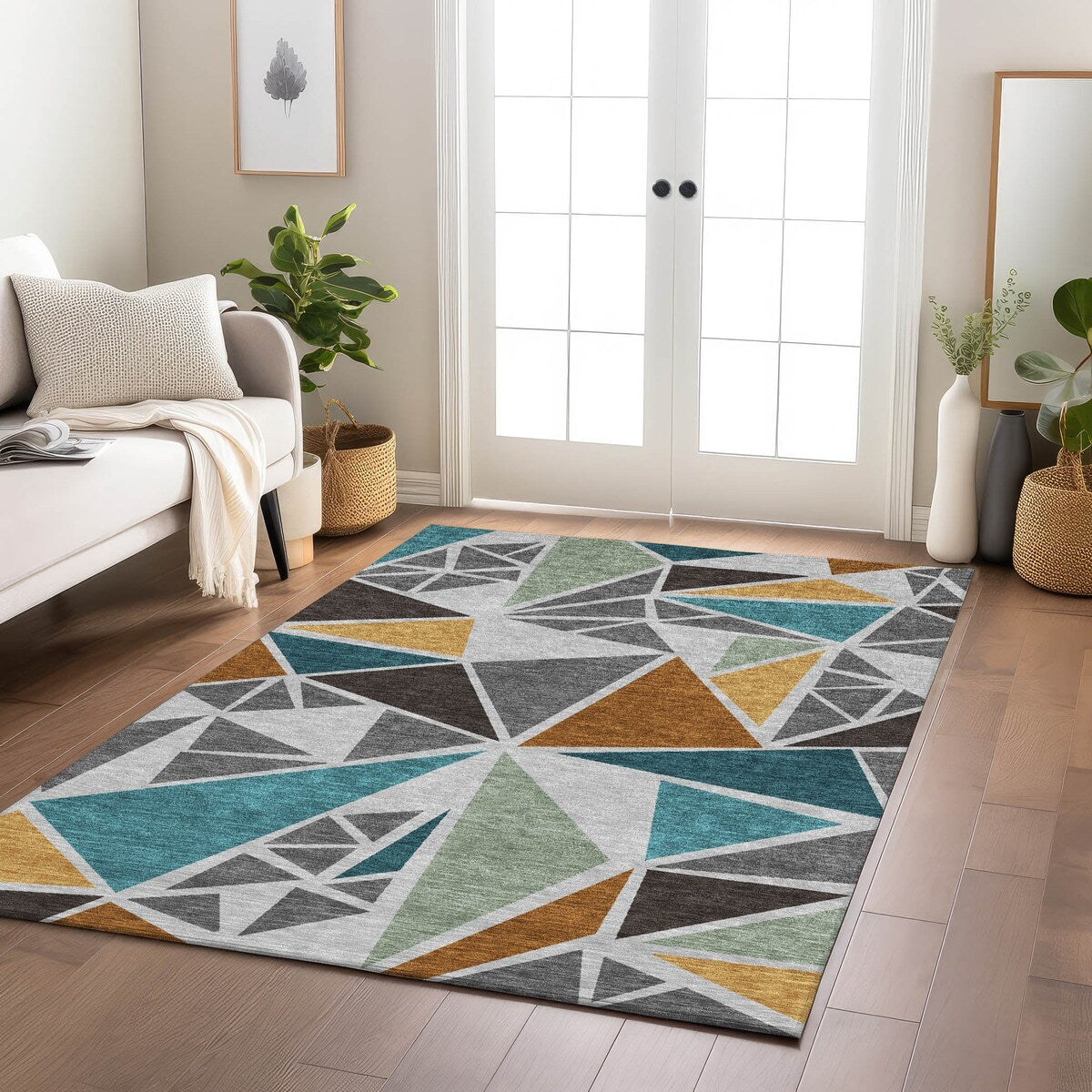 Machine Washable Indoor/ Outdoor Abstract Mosaic Chantille Rug