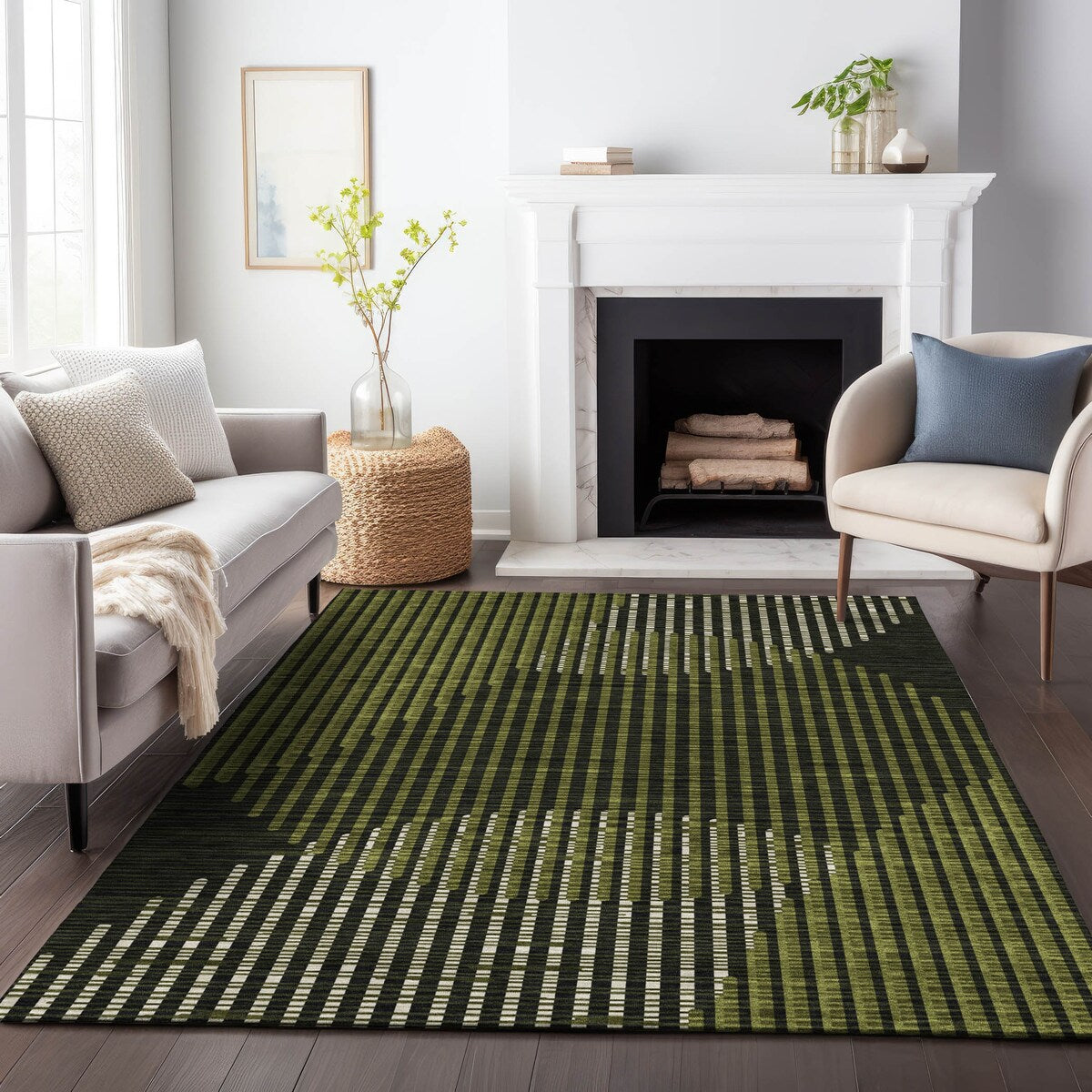 Machine Washable Indoor/ Outdoor Abstract Stripe Chantille Rug