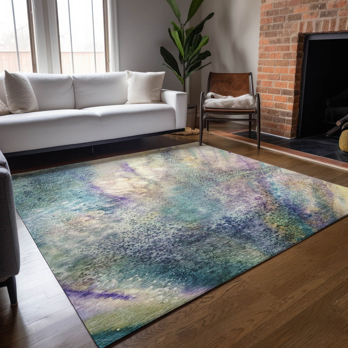 Machine Washable Indoor/ Outdoor Abstract Watercolor Chantille Rug