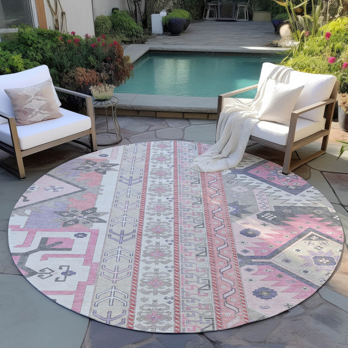 Machine Washable Indoor/ Outdoor Boho Tribal Chantille Rug