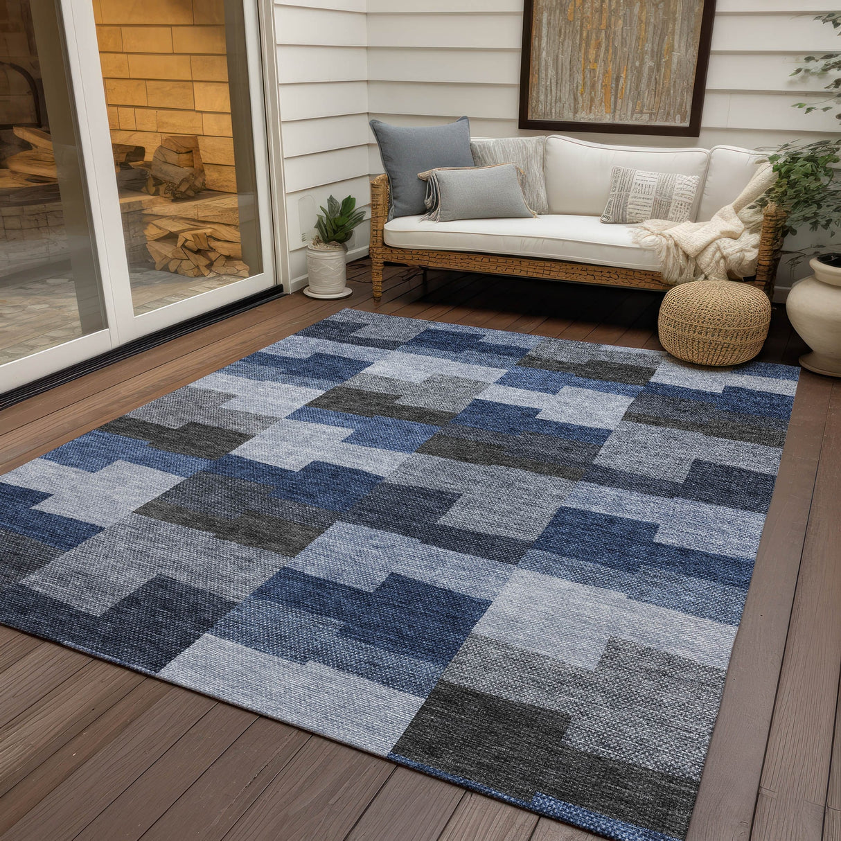 Machine Washable Indoor/ Outdoor Chantille Modern Blocks Rug