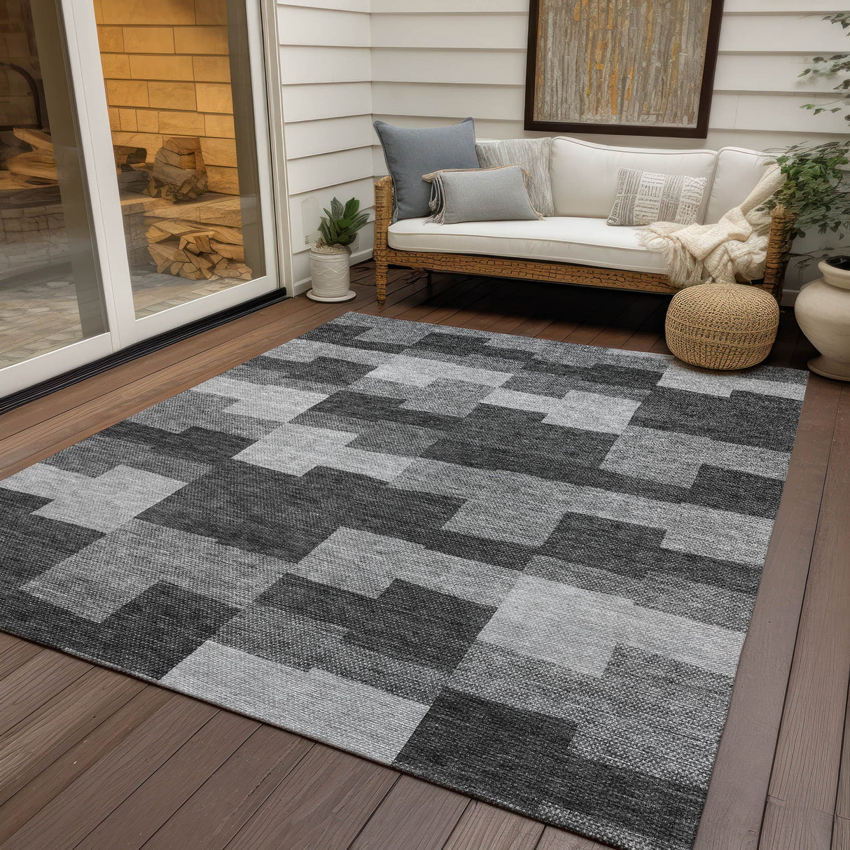 Machine Washable Indoor/ Outdoor Chantille Modern Blocks Rug