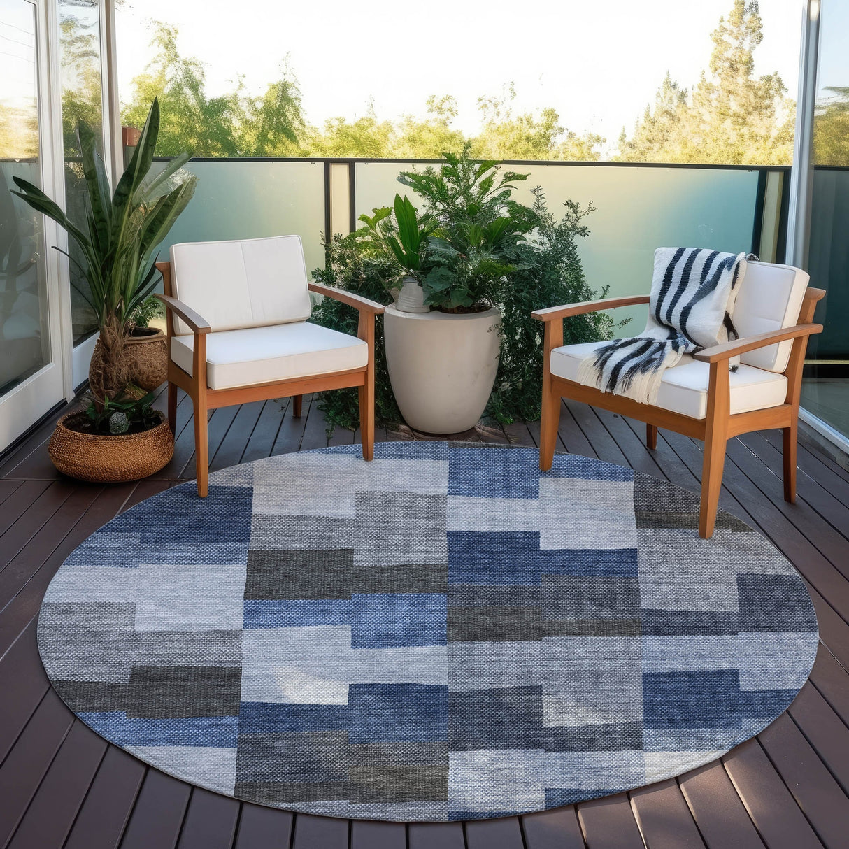 Machine Washable Indoor/ Outdoor Chantille Modern Blocks Rug