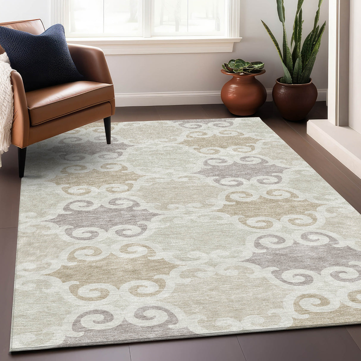 Machine Washable Indoor/ Outdoor Chantille Traditional Scroll Rug