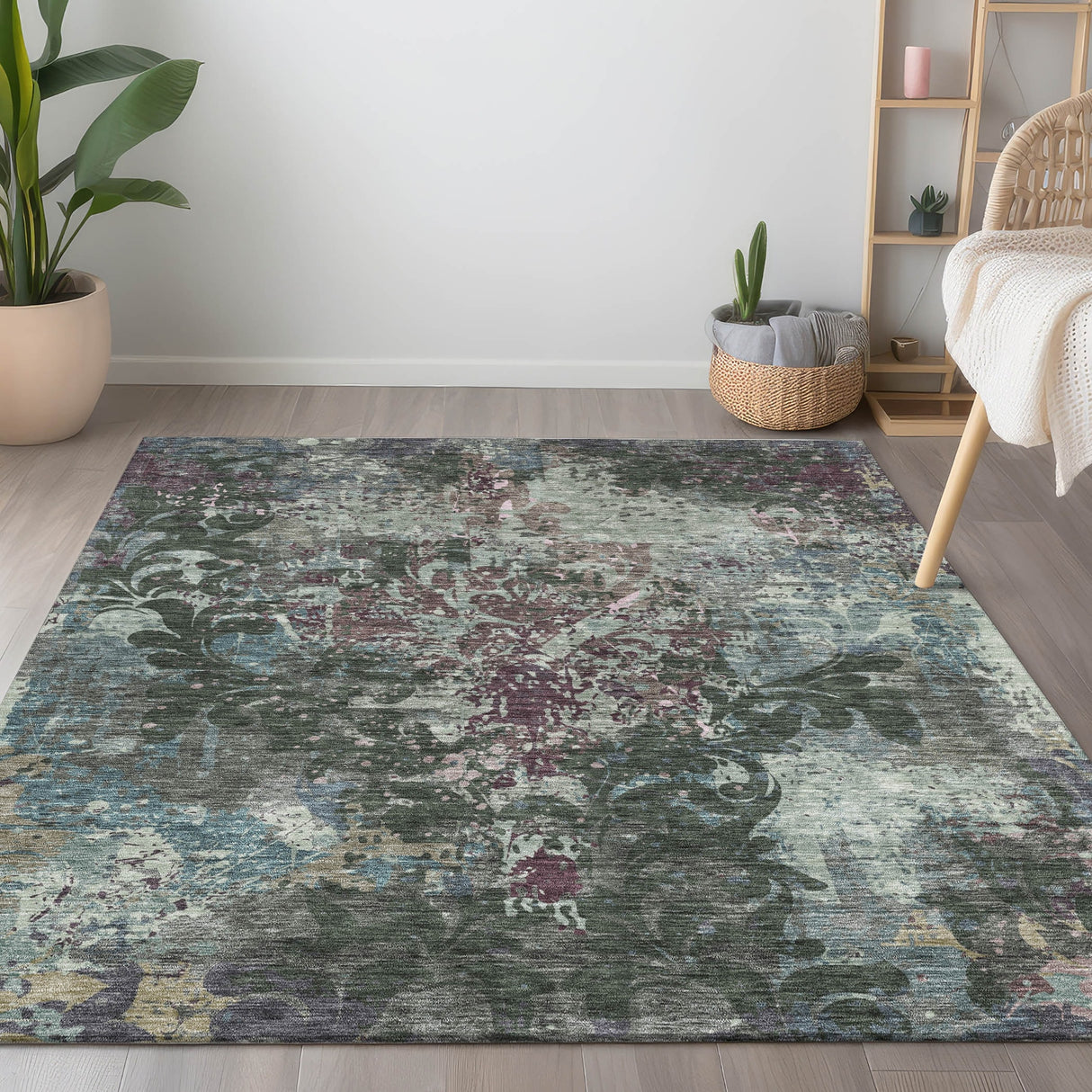Machine Washable Indoor/ Outdoor Chantille Vintage Damask Rug