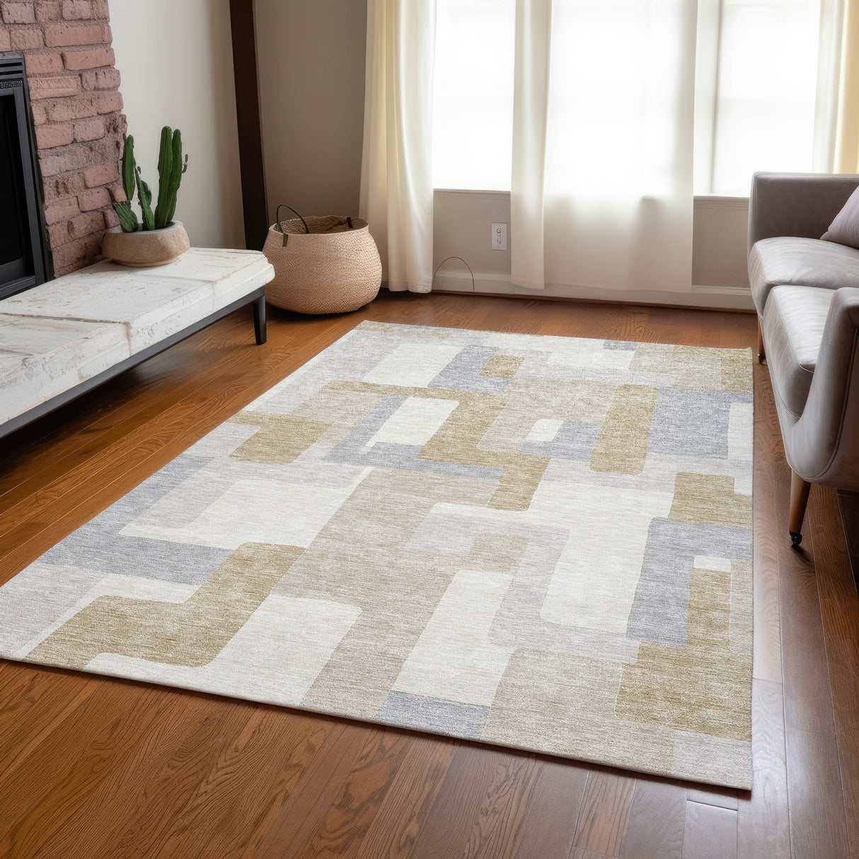 Machine Washable Indoor/ Outdoor Contempoary Blocks Chantille Rug